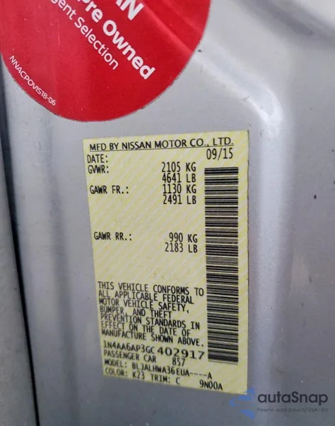 2016 Nissan Maxima 3.5S z USA, uszkodzony, nr VIN 1N4AA6AP3GC402917